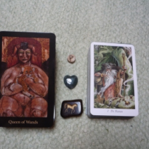 My cards for Day 1: Queen of Wands (Mary-el Tarot) and The Shaman (Wildwood Tarot)